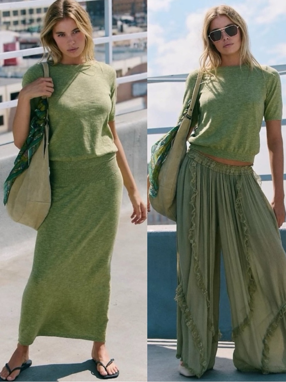 Free People Linen Blend Isabella Sweater Maxi Skirt Set Large Olive Green NWT